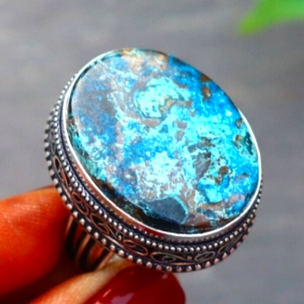 Vintage Chunky Chrysocolla 925 Silver Ring